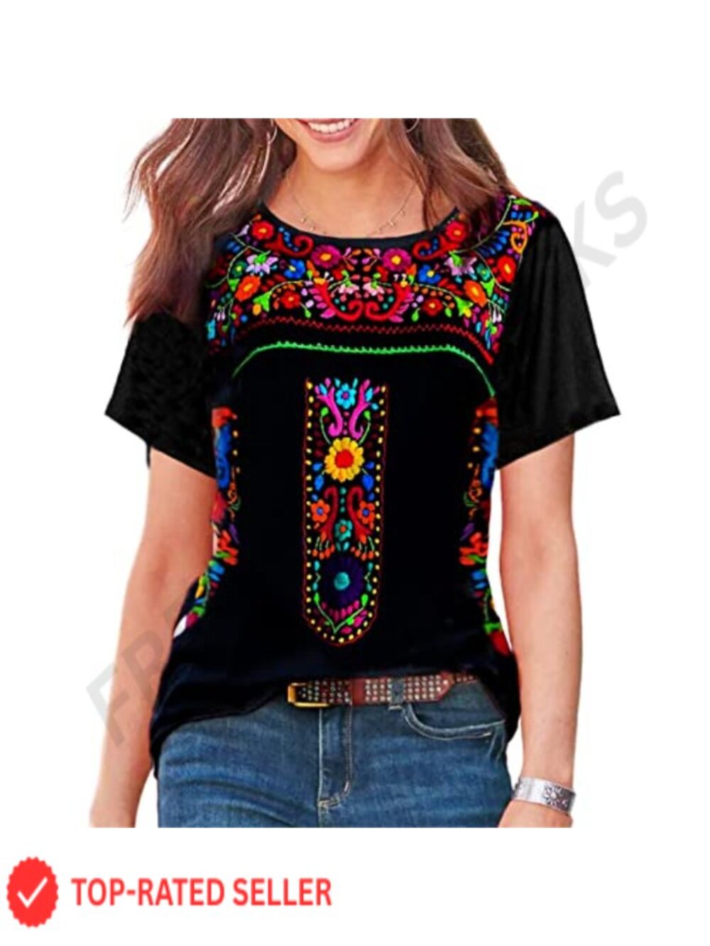 Womens Mexican Embroidered Peasant Blouse Short Sleeve Floral Fiesta Top